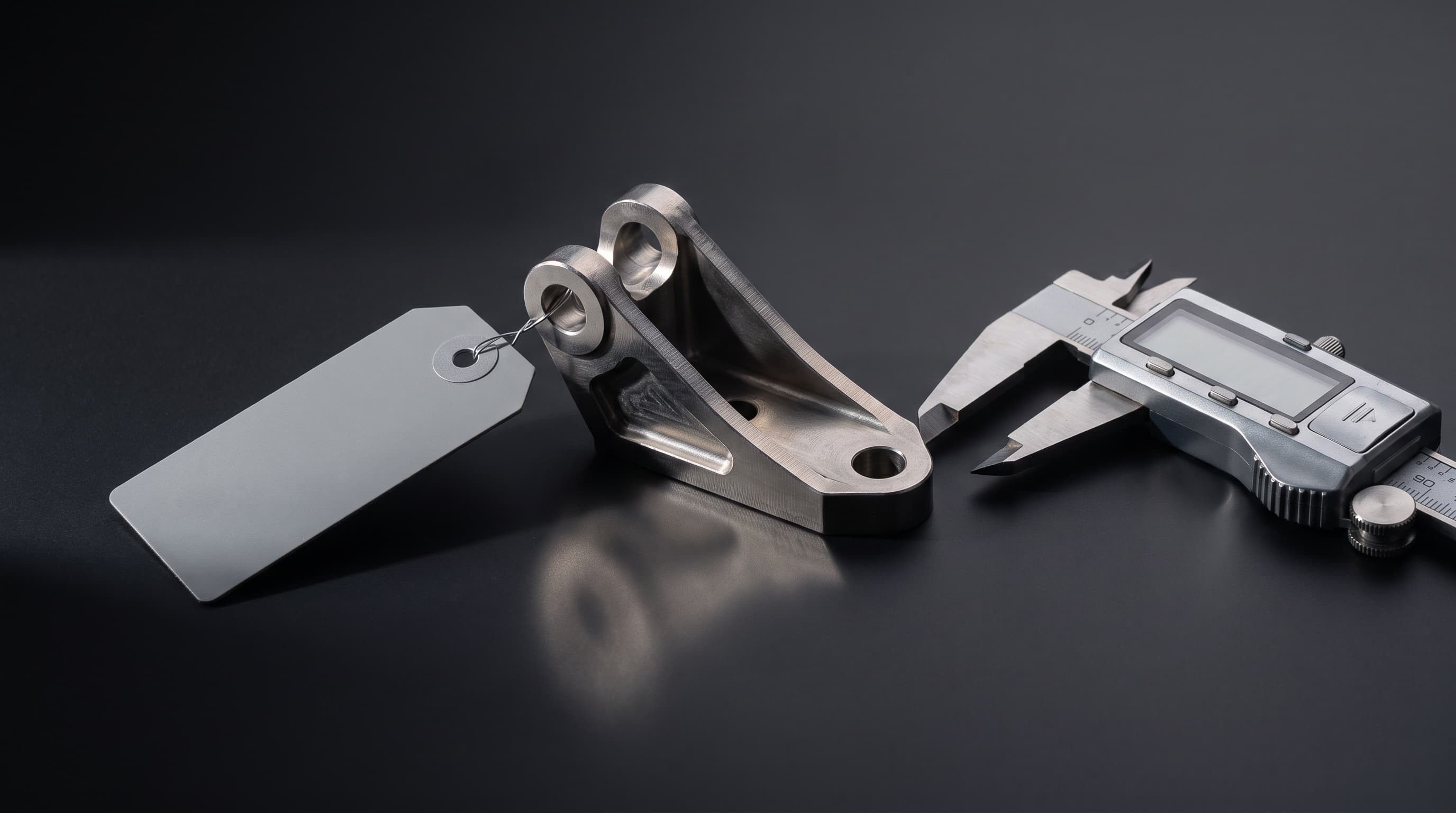 A machined titanium aerospace bracket on a dark seamless surface with a blank traceability tag and an open digital caliper beside it, lit by a single raking light.
