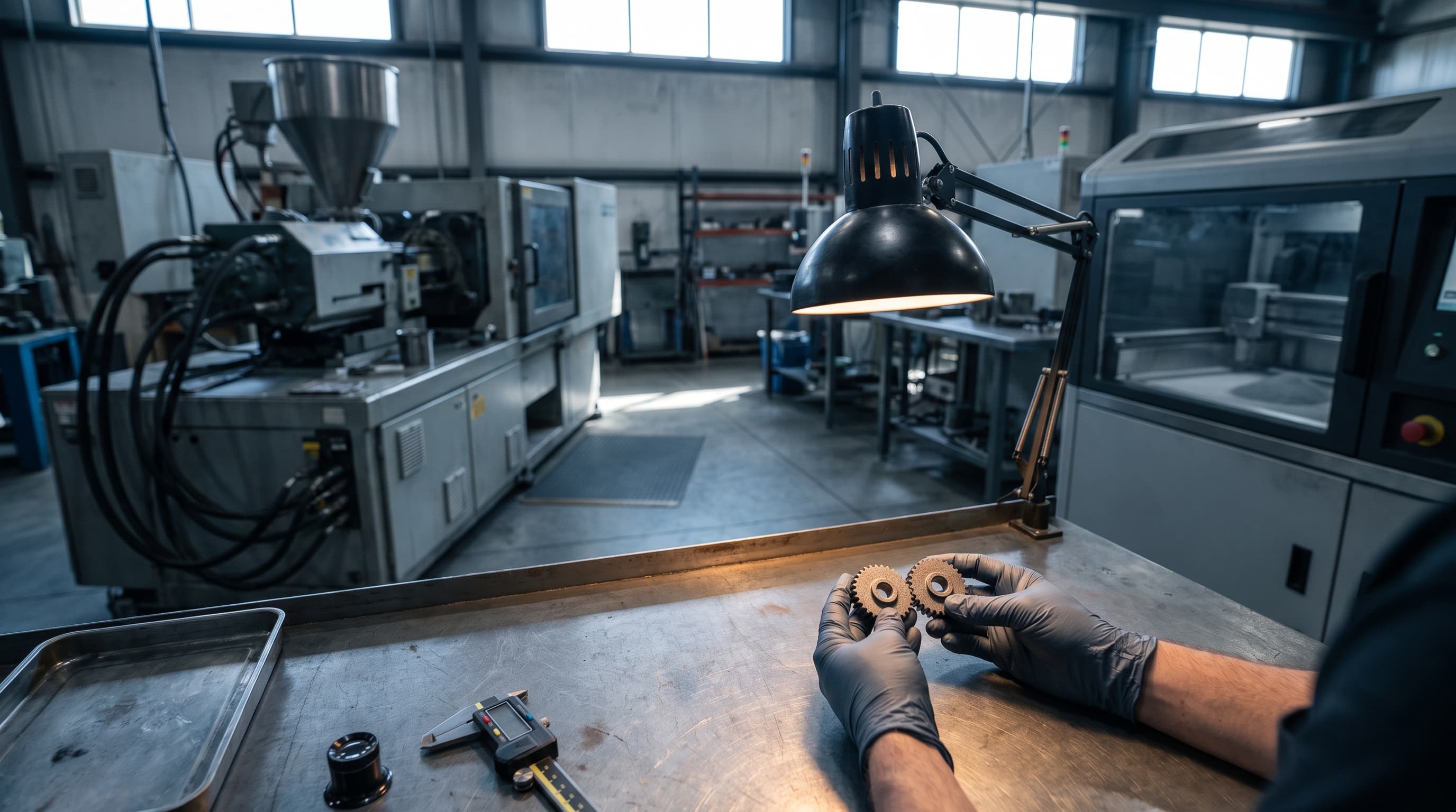 An engineer's gloved hands hold calipers over two small sintered metal parts on a workbench, with a molding press and a metal printer blurred in the factory behind.