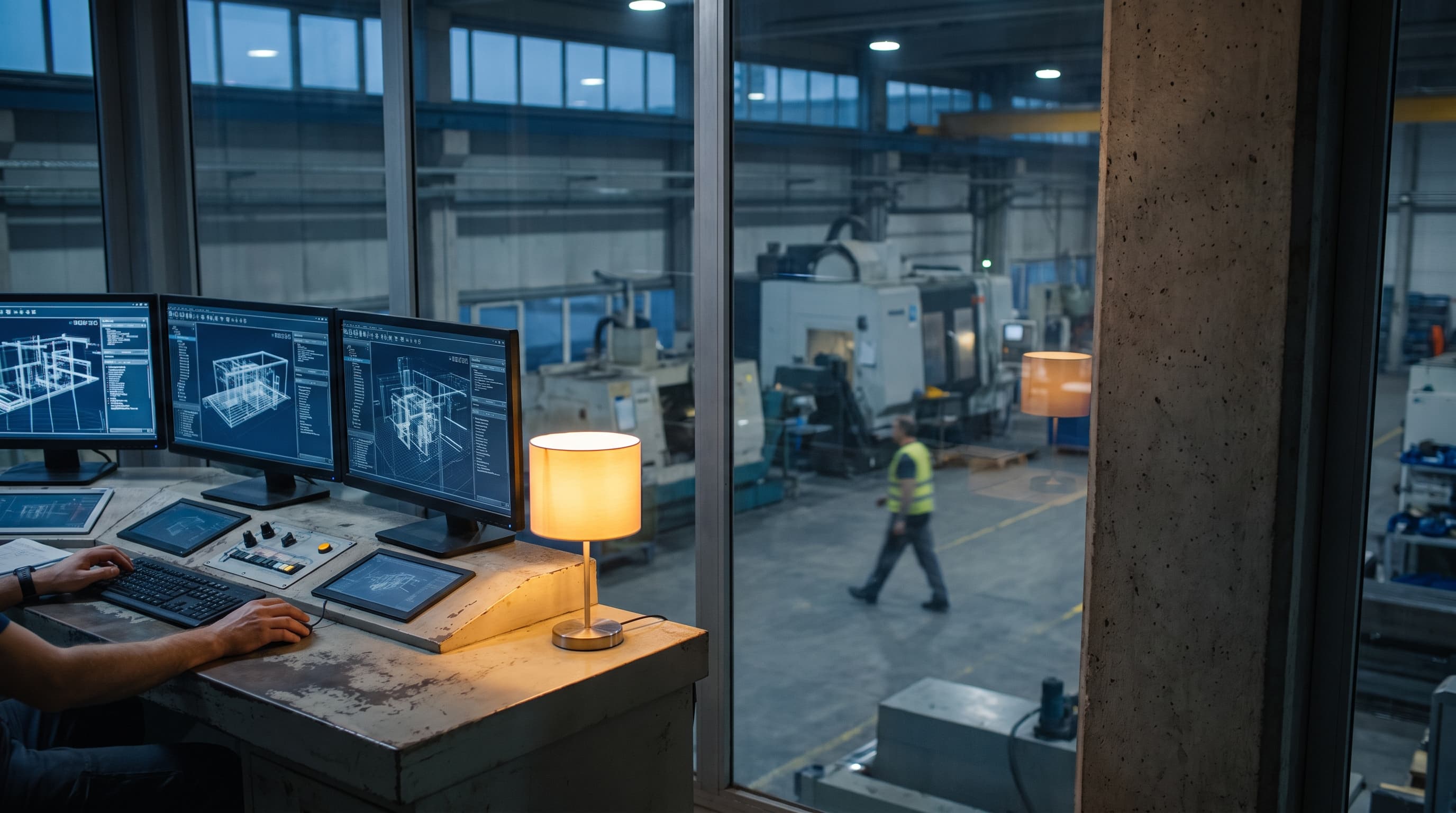 An elevated control room with glowing wireframe monitors overlooking a dim factory floor where a worker moves in soft blur below.