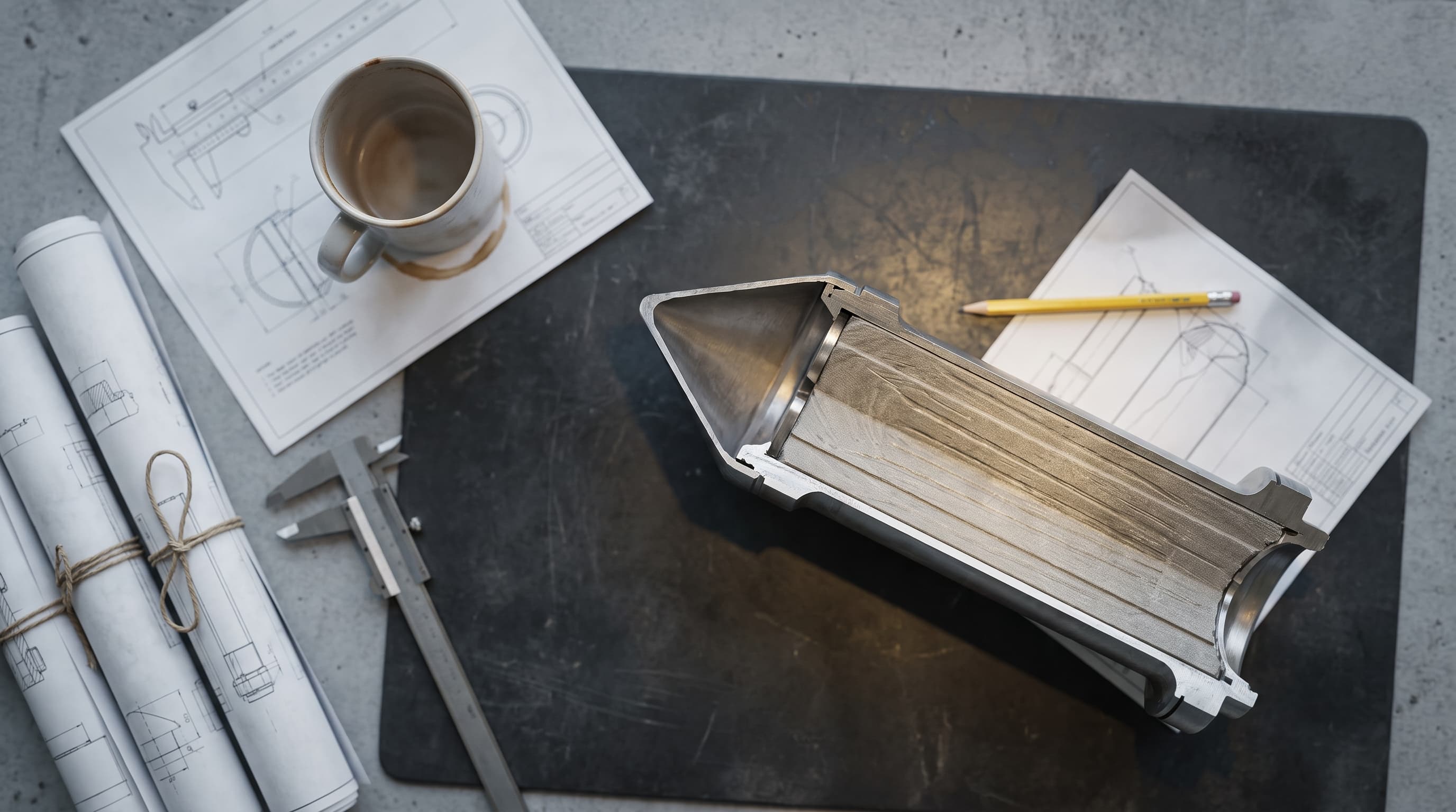 Overhead view of a cutaway rocket motor segment, calipers, and a rolled blueprint arranged on a workbench beside a coffee-ringed printout