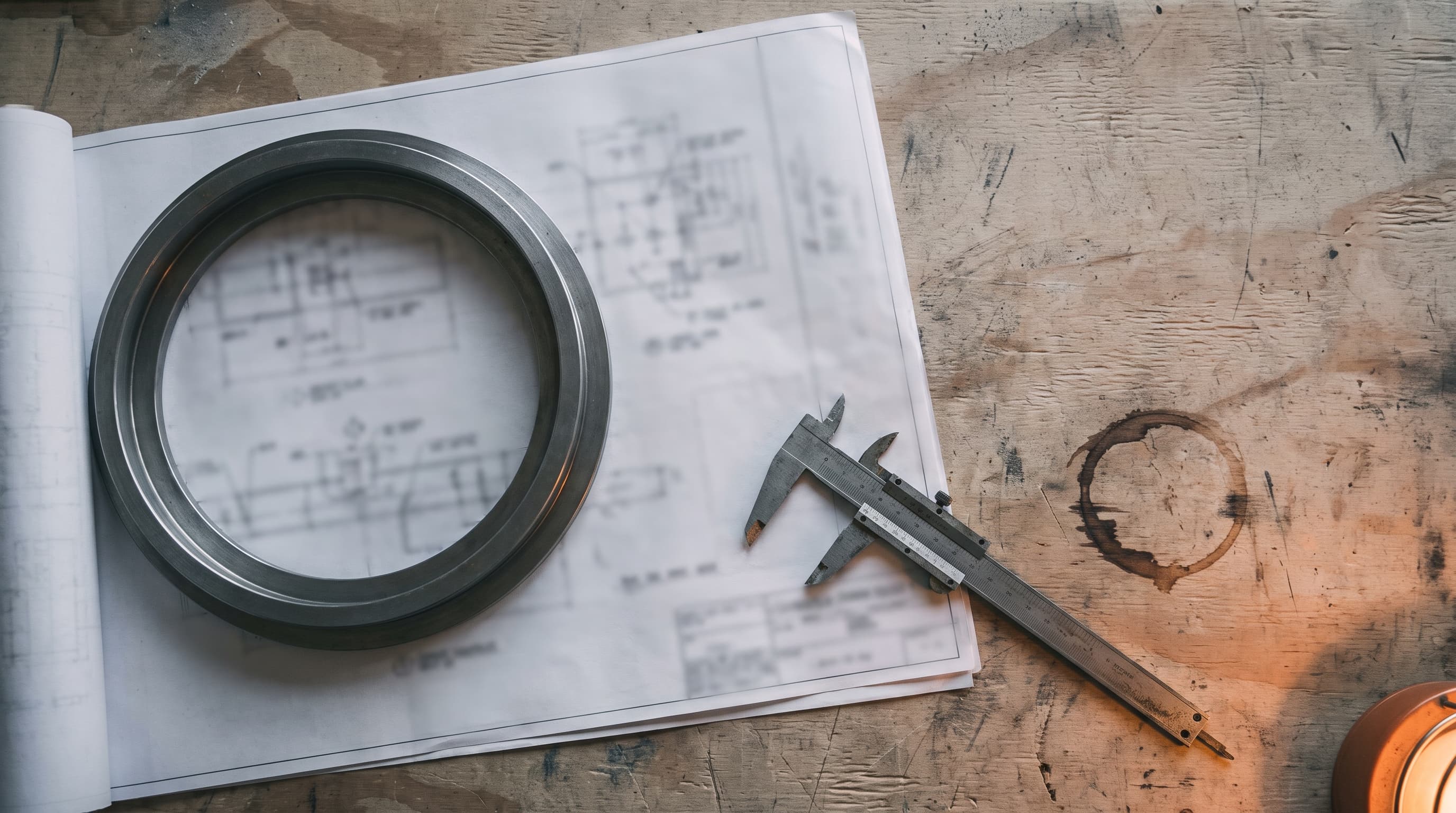 Overhead view of a workbench holding a blank rolled blueprint weighted by a steel ring-shaped part, metal calipers, and a coffee ring stain, lit softly from above.