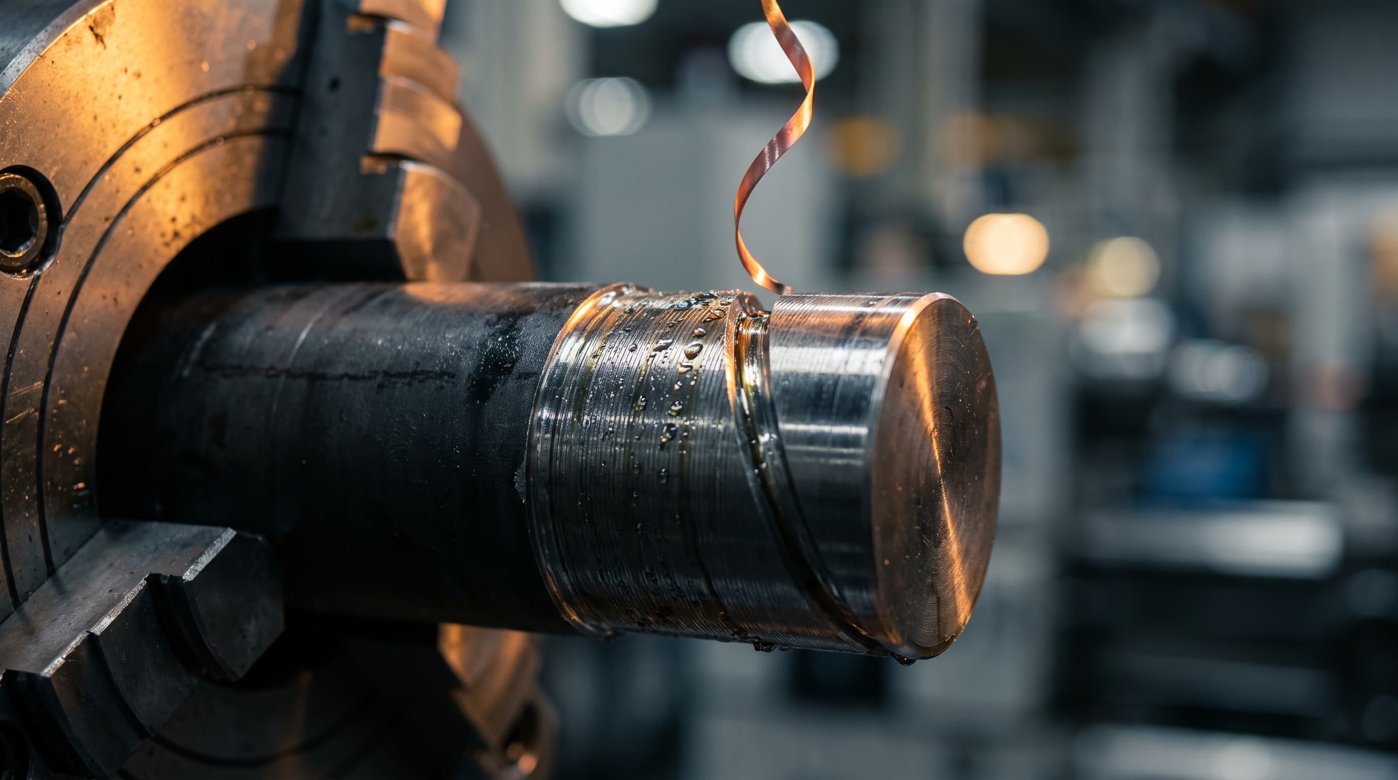 Extreme close-up of a cutting tool machining a fresh groove into a thick steel cylindrical forging, with a curl of metal shaving still attached and coolant mist beaded across the surface under warm raking light.