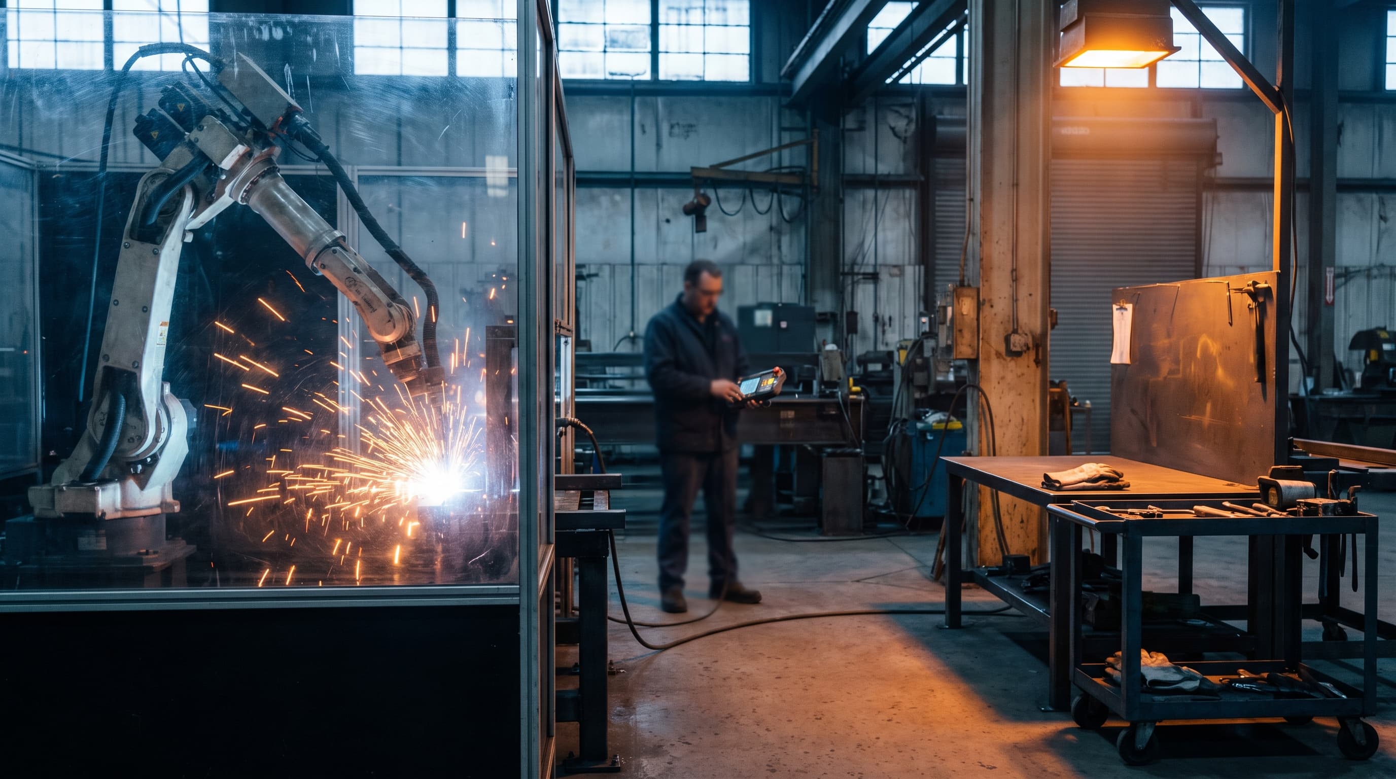 A robotic welding arm glows mid-weld on a factory floor while a blurred operator watches a control pendant nearby, and an empty tool cart sits under warm light at a vacant adjacent workstation.
