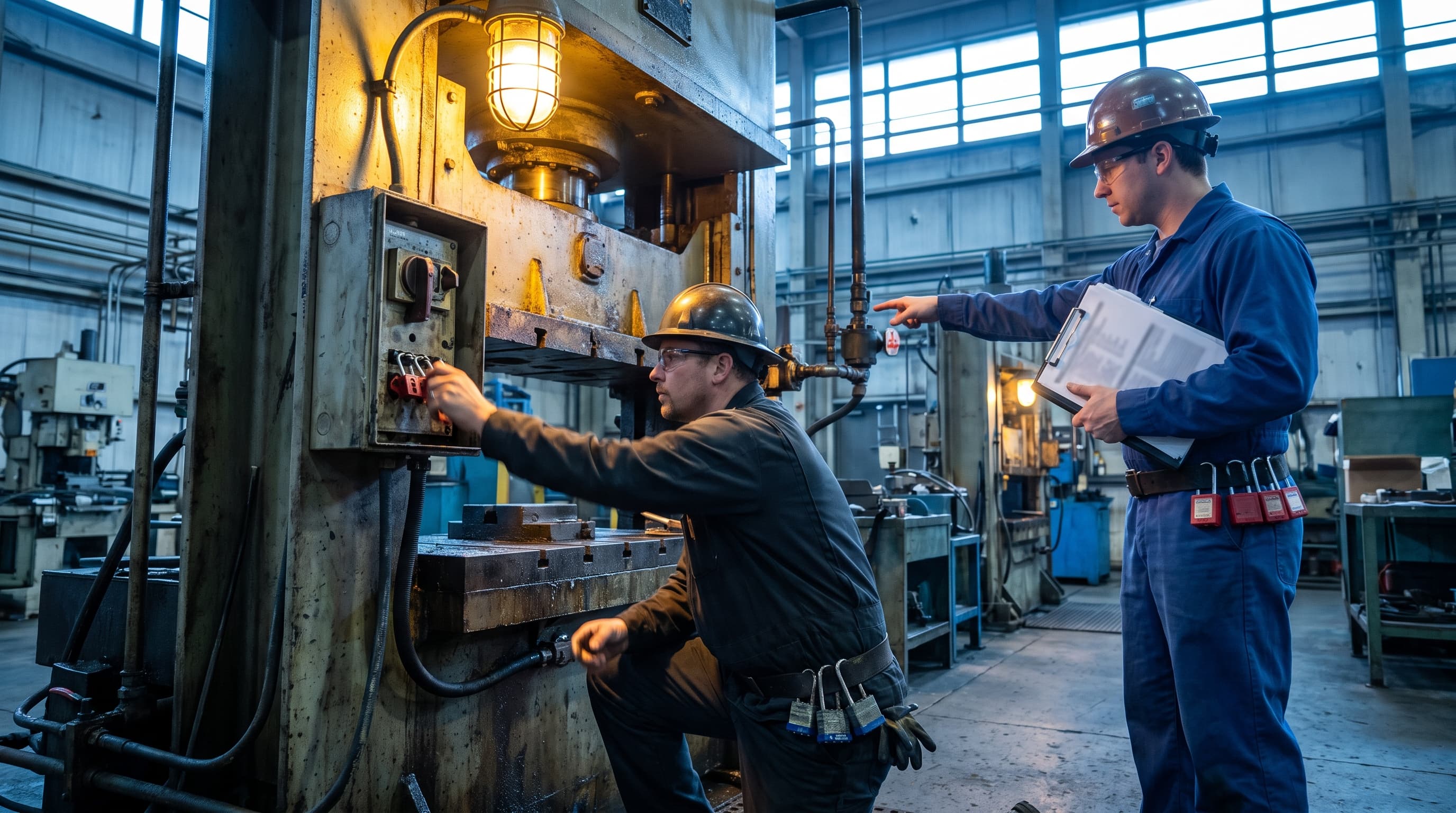A contractor kneels at a hydraulic press's main disconnect holding a multi-lock hasp while a host plant electrician points toward a second isolation point on the machine's hydraulic line, warm light picking out two different styles of padlocks.