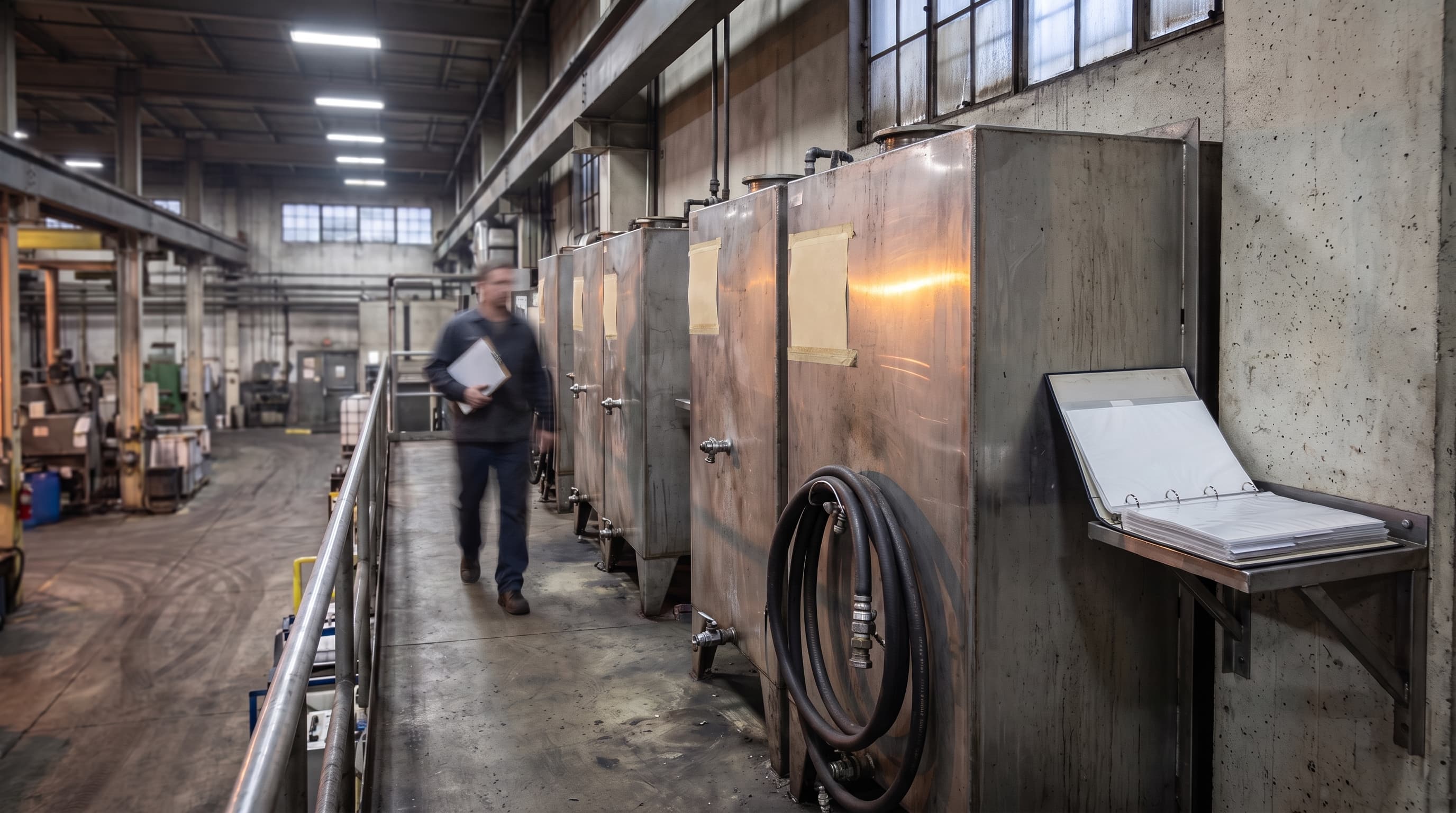 An elevated view down a row of steel chemical tanks with secondary labels, a binder resting nearby, and a worker blurred in the background walking the line.